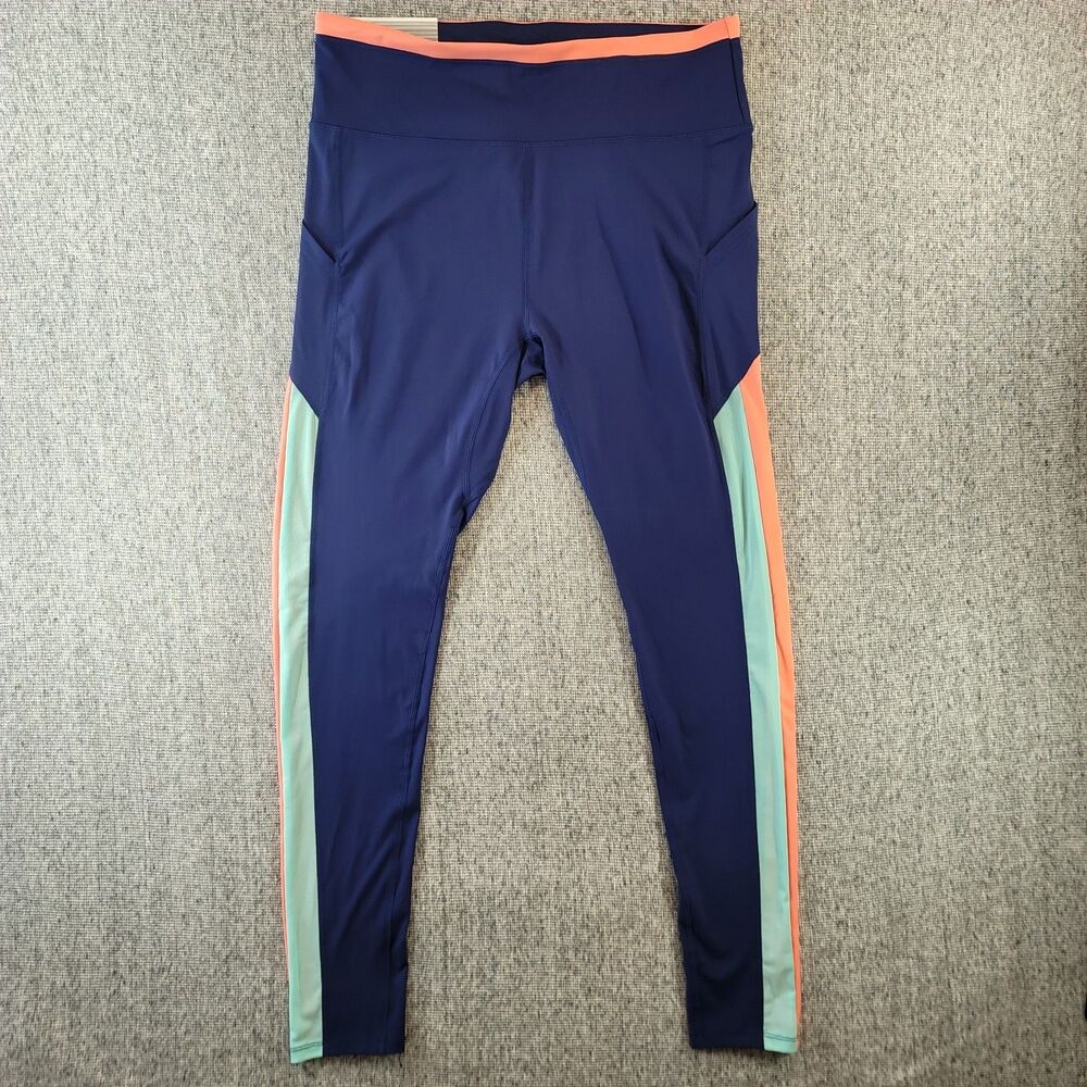 Crane Fitness Leggings Large NWT Navy Colorblock Side Pockets Mesh Teal